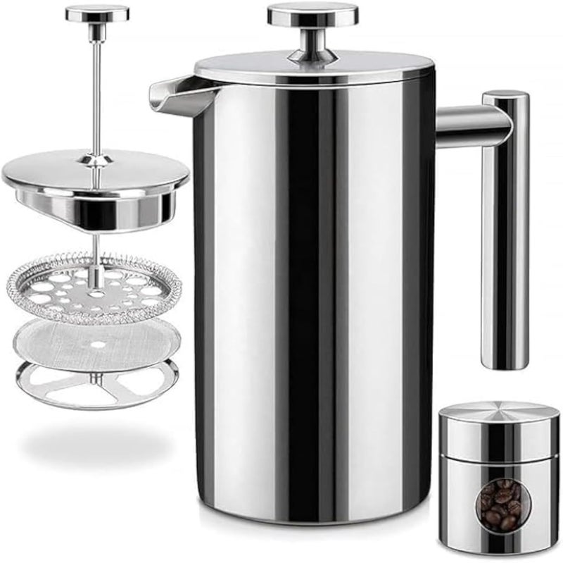 French Press Coffee Maker and Milk Creamer Double Insulated 304 Stainless Steel Coffee Maker with 3 Level Filtration System Rust-Free, Dishwasher Safe with Teapot, Coffee Carafe. Silver. 400ml